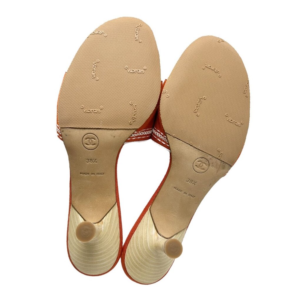 CHANEL Vintage Jacquard Logo Sandals #38.5 US7 Orange Embroidery Linen [103399] - Picture 9 of 10